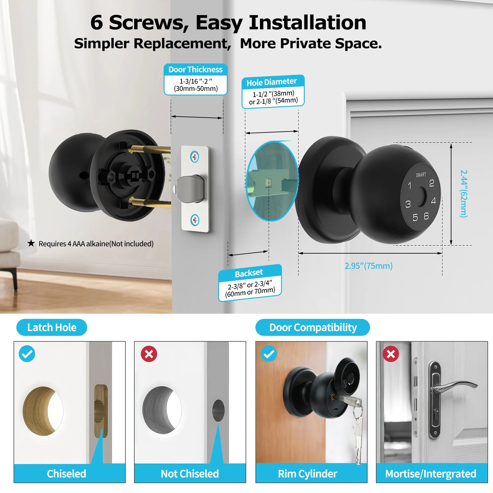 Ball-Shaped Smart Lock Fingerprint, App-Controlled, Passcode, and Electronic Touchscreen Keypad Door Lock Smart Handle
