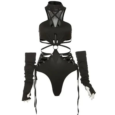 Bandage Hollow Out Sexy Cyber Y2k Bodysuits Gothic Techwear Mesh Patchwork Tops Female Glove Sleeve Mock Neck Bodysuit Bandage Hollow Out Sexy Cyber Y2k Bodysuits Gothic Techwear Mesh Patchwork Tops Female Glove Sleeve Mock Neck Bodysuit