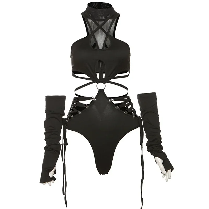 Bandage Hollow Out Sexy Cyber Y2k Bodysuits Gothic Techwear Mesh Patchwork Tops Female Glove Sleeve Mock Neck Bodysuit Bandage Hollow Out Sexy Cyber Y2k Bodysuits Gothic Techwear Mesh Patchwork Tops Female Glove Sleeve Mock Neck Bodysuit