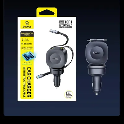 Baseus 240W Car Charger 4 Ports Built in Retractable Cable Fast Charging USB Type-C Car Phone Charger For Samsung