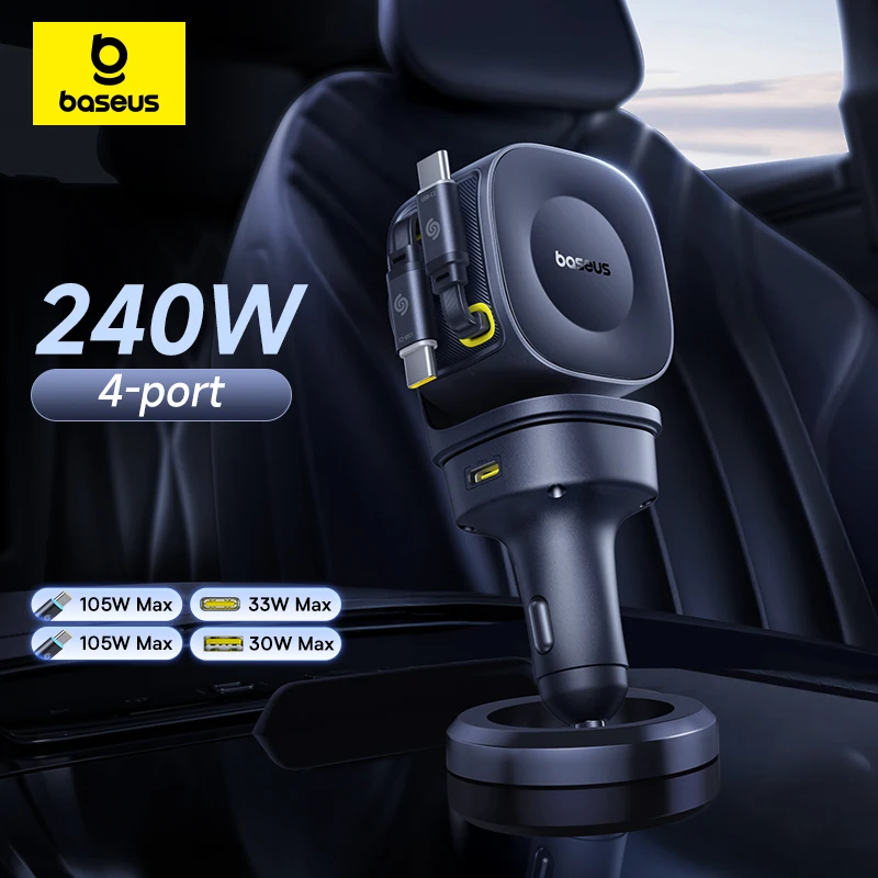 Baseus 240W Car Charger 4 Ports Built in Retractable Cable Fast Charging USB Type-C Car Phone Charger For Samsung