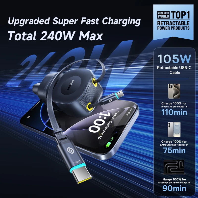 Baseus 240W Car Charger 4 Ports Built in Retractable Cable Fast Charging USB Type-C Car Phone Charger For Samsung