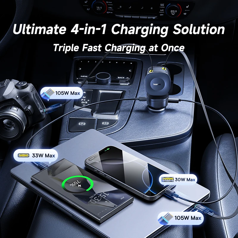 Baseus 240W Car Charger 4 Ports Built in Retractable Cable Fast Charging USB Type-C Car Phone Charger For Samsung