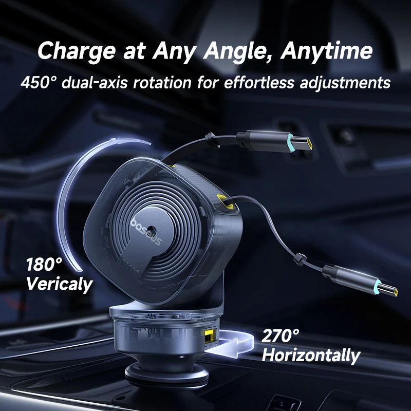 Baseus 240W Car Charger 4 Ports Built in Retractable Cable Fast Charging USB Type-C Car Phone Charger For Samsung