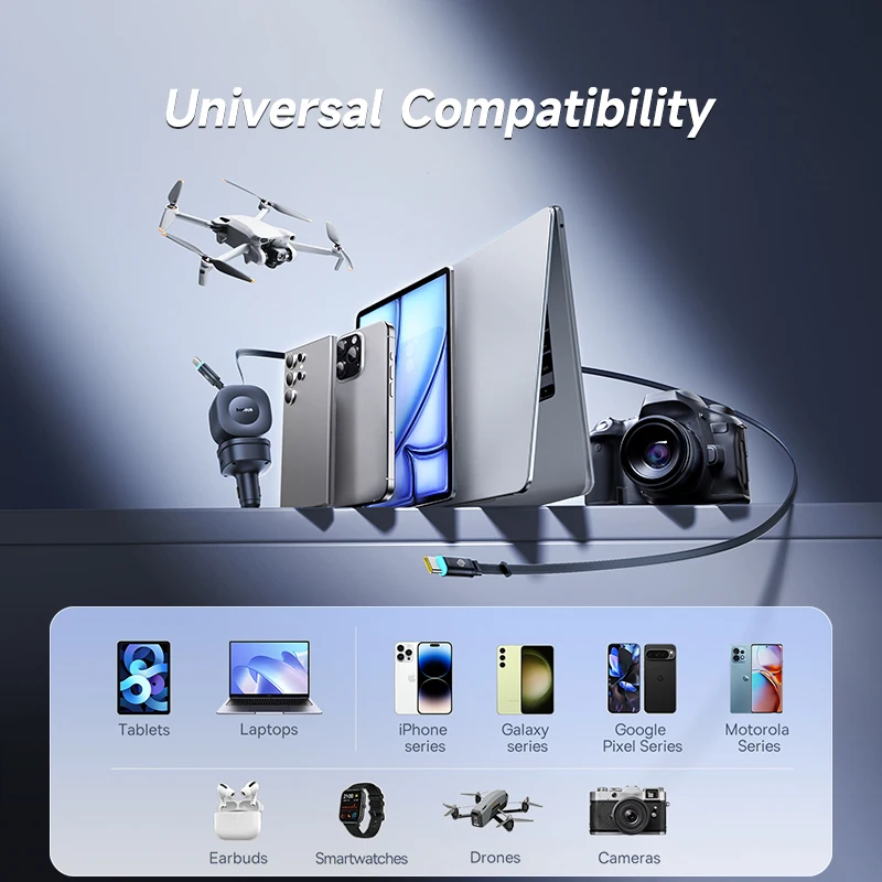 Baseus 240W Car Charger 4 Ports Built in Retractable Cable Fast Charging USB Type-C Car Phone Charger For Samsung