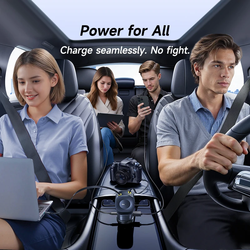 Baseus 240W Car Charger 4 Ports Built in Retractable Cable Fast Charging USB Type-C Car Phone Charger For Samsung