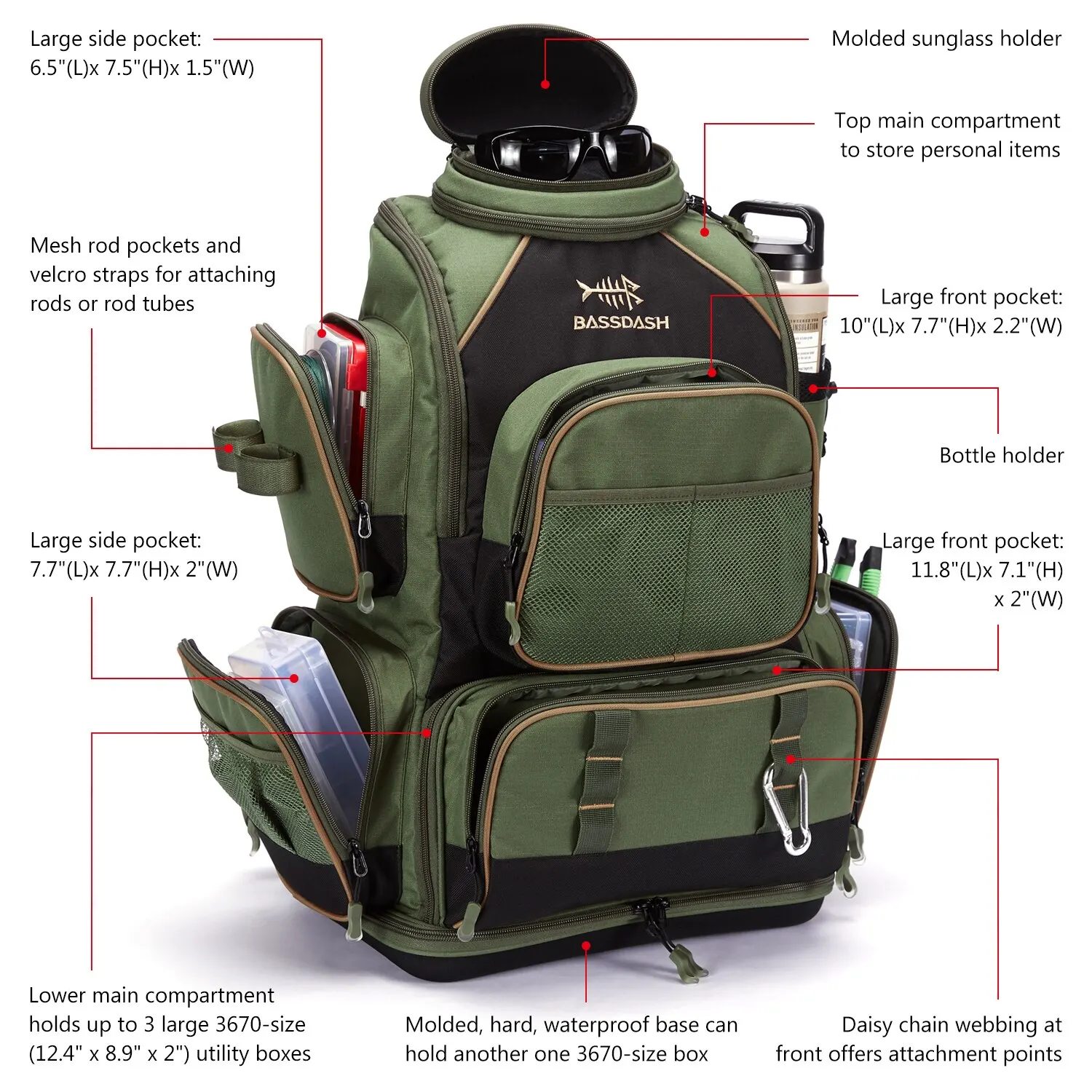 Bassdash Multifunctional Fishing Tackle Backpack Lightweight Tactical Soft Tackle Box with Protective Rain Cover