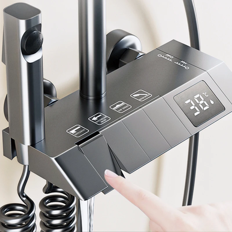 Bathroom Shower Full Set Black White Gray Bathtub Shower System Rain Pressurized Digital LED Shower Sets Hot Cold
