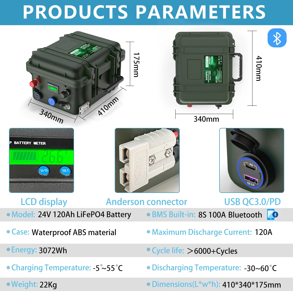 Battery Pack 25.6V LiFePO4 24V 100AH 120AH 150AH Lithium Battery 6000+ Cycles With Bluetooth BMS Grade A Cell For Boat Battery Pack 25.6V LiFePO4 24V 100AH 120AH 150AH Lithium Battery 6000+ Cycles With Bluetooth BMS Grade A Cell For Boat