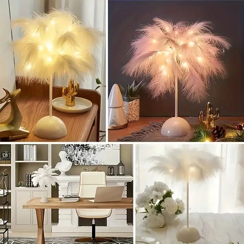 Battery Power Led Night Light For Bedroom Wedding Decoration Feather Table Lamp With Smart Room Night Light