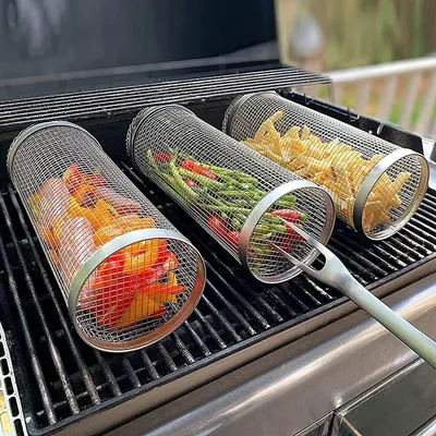 BBQ Basket Stainless Steel Rolling Grilling Basket Wire Mesh Cylinder Grill Basket Portable Round Outdoor Camping BBQ Basket Stainless Steel Rolling Grilling Basket Wire Mesh Cylinder Grill Basket Portable Round Outdoor Camping