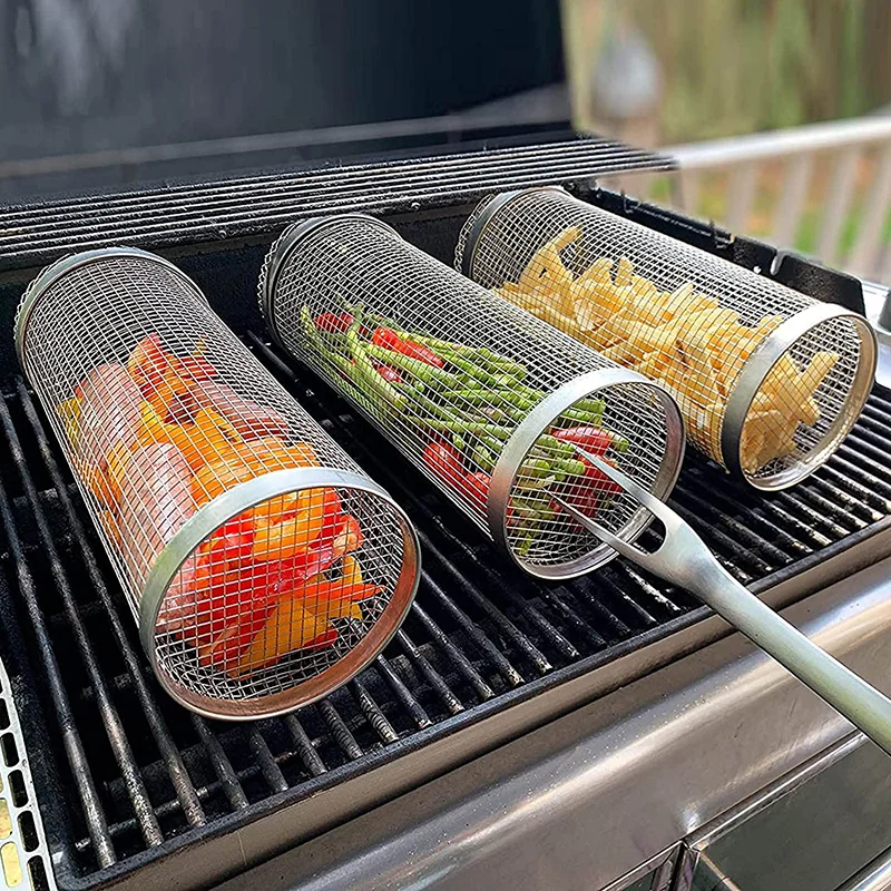 BBQ Basket Stainless Steel Rolling Grilling Basket Wire Mesh Cylinder Grill Basket Portable Round Outdoor Camping BBQ Basket Stainless Steel Rolling Grilling Basket Wire Mesh Cylinder Grill Basket Portable Round Outdoor Camping
