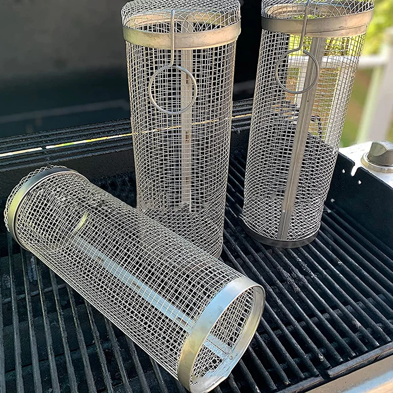BBQ Basket Stainless Steel Rolling Grilling Basket Wire Mesh Cylinder Grill Basket Portable Round Outdoor Camping BBQ Basket Stainless Steel Rolling Grilling Basket Wire Mesh Cylinder Grill Basket Portable Round Outdoor Camping
