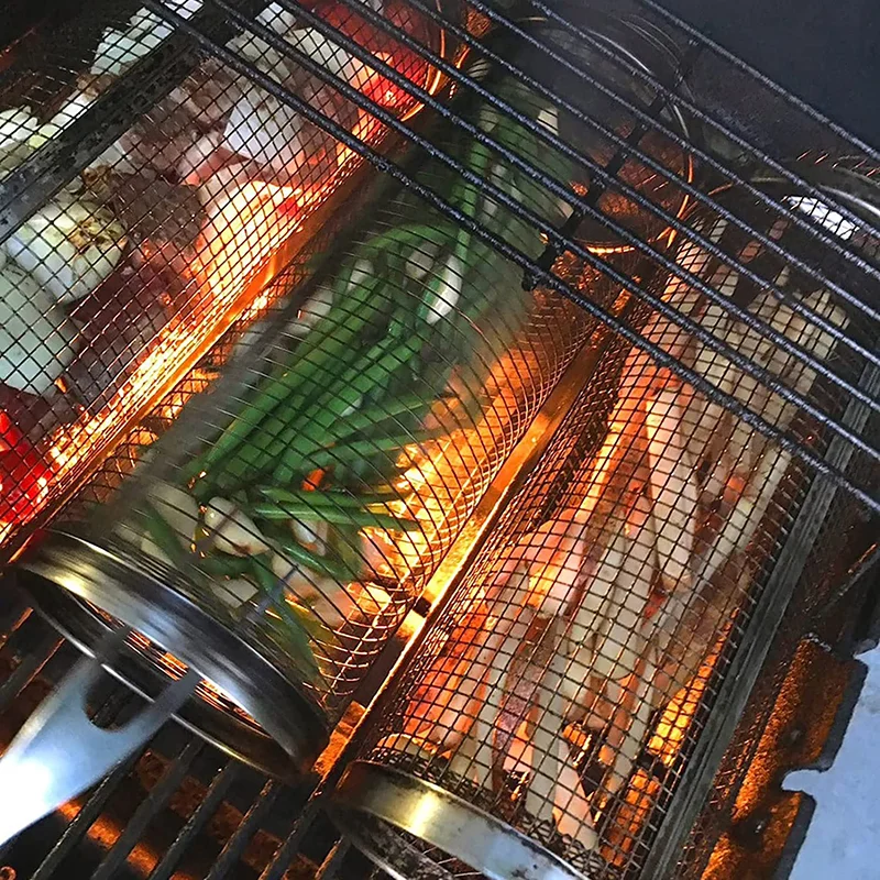 BBQ Basket Stainless Steel Rolling Grilling Basket Wire Mesh Cylinder Grill Basket Portable Round Outdoor Camping BBQ Basket Stainless Steel Rolling Grilling Basket Wire Mesh Cylinder Grill Basket Portable Round Outdoor Camping