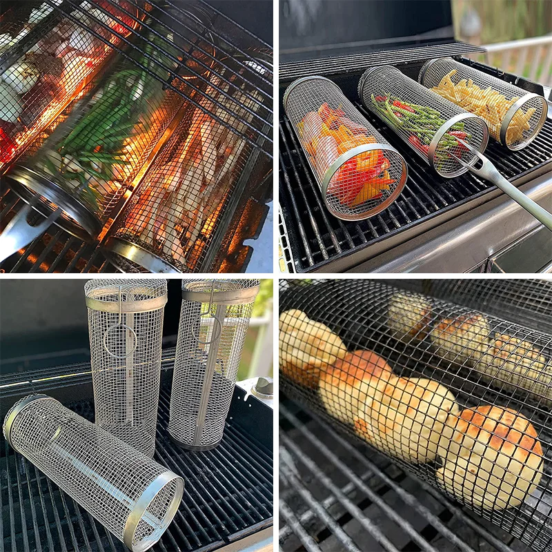 BBQ Basket Stainless Steel Rolling Grilling Basket Wire Mesh Cylinder Grill Basket Portable Round Outdoor Camping BBQ Basket Stainless Steel Rolling Grilling Basket Wire Mesh Cylinder Grill Basket Portable Round Outdoor Camping