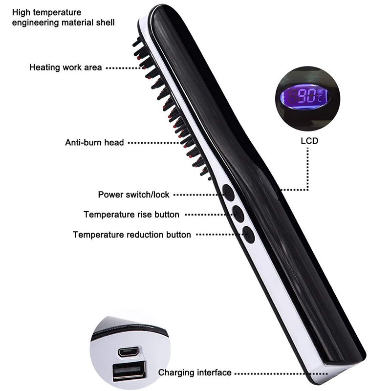 Beard Straightener Brush USB Charging Hair Straightener Comb Wireless Portable Ionic Hair Straightener Brush Comb for
