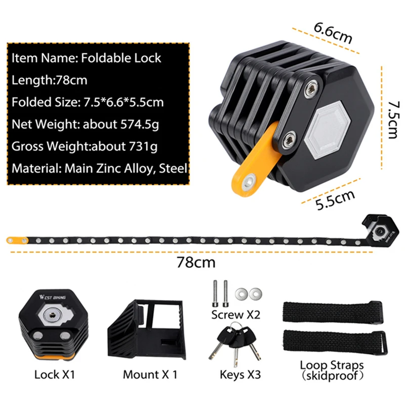 Bicycle Chain Lock Bike Lock Foldable Hamburg-Lock With 3 Keys Bike Chain Lock Alloy Anti-Theft Bicycle Folding Lock