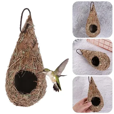 Bird House Natural Grass Hummingbird Bird Nest Fiber Hand-Woven Roosting Nest Bird Hut for Yard Decoration