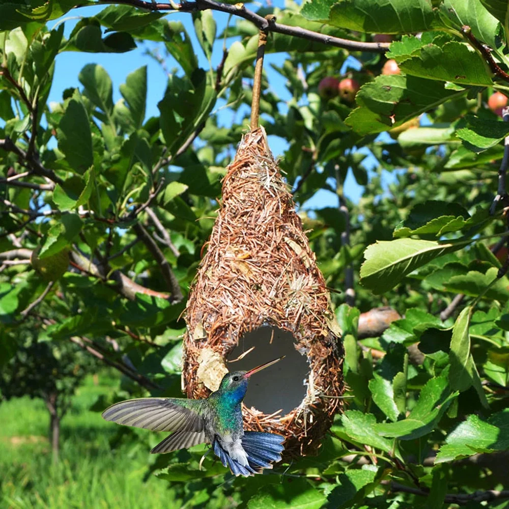Bird House Natural Grass Hummingbird Bird Nest Fiber Hand-Woven Roosting Nest Bird Hut for Yard Decoration