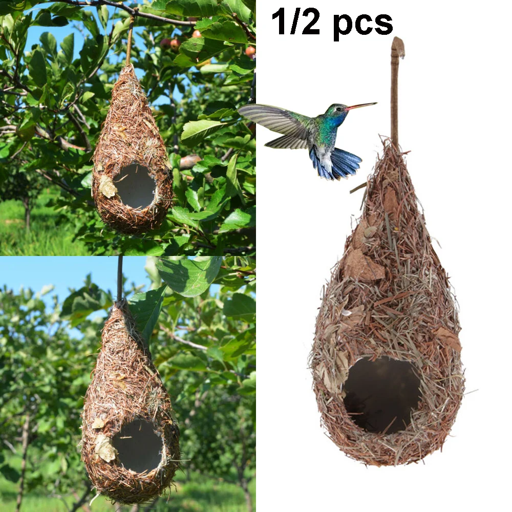 Bird House Natural Grass Hummingbird Bird Nest Fiber Hand-Woven Roosting Nest Bird Hut for Yard Decoration