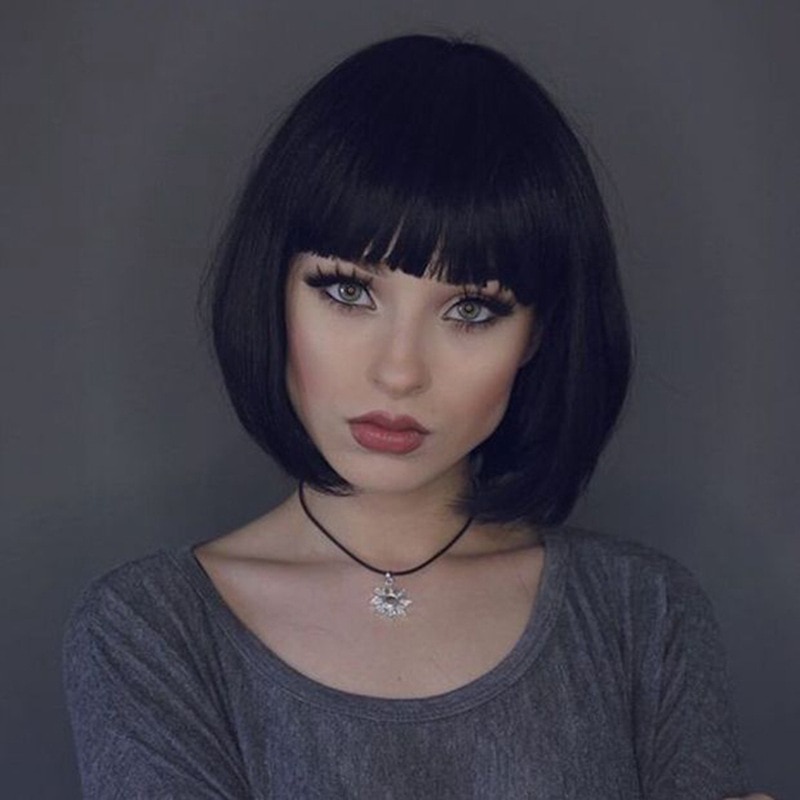 Black Bobo Wigs Women Hair Lace Chemical Fiber Fashion Young Girls Short Straight Bangs