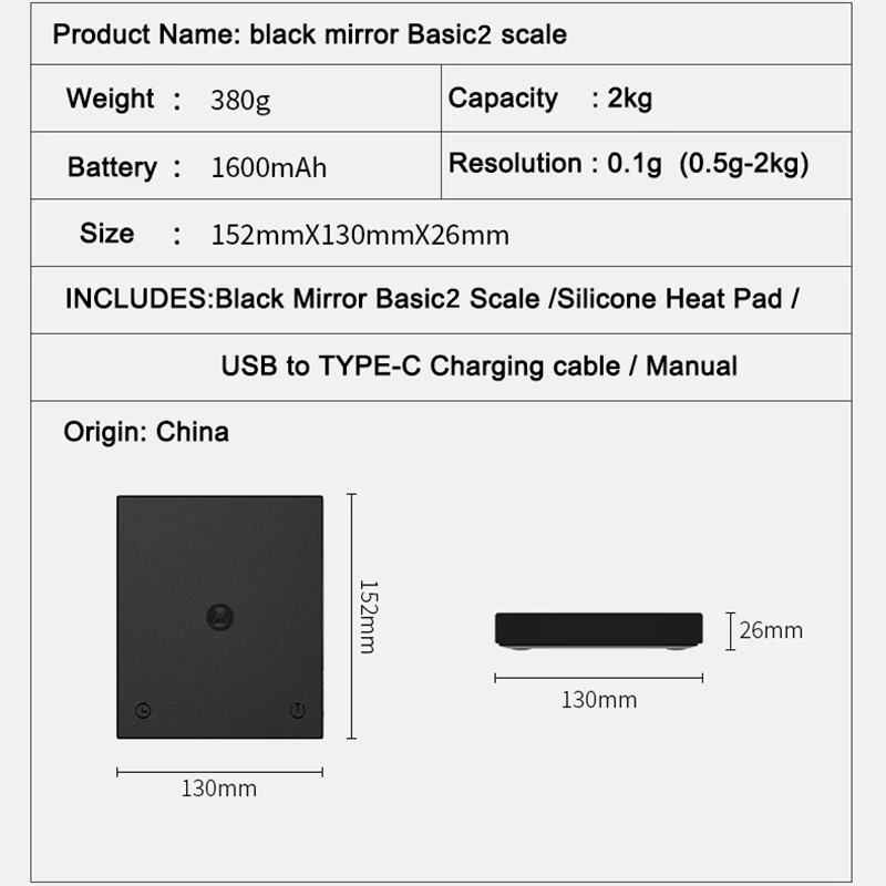 Black Mirror Pour Over Coffee Scale flow rate display Auto Timer digit Kitchen Food scale espresso 0.1g/2kg Black Mirror Pour Over Coffee Scale flow rate display Auto Timer digit Kitchen Food scale espresso 0.1g/2kg
