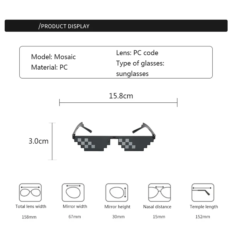 Black Mosaic Sunglasses Funny Toy Mosaic Strip Sunglasses Trick Toy Retro Thug Life Glasses Deal With It Glasses Pixel