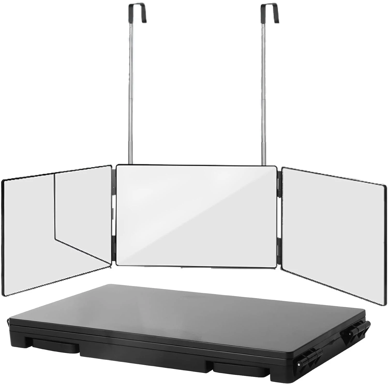 Black Portable 360 Trifold Mirror with Height Adjustable Telescoping Hooks Ideal for Self Hair Cutting Makeup Essential
