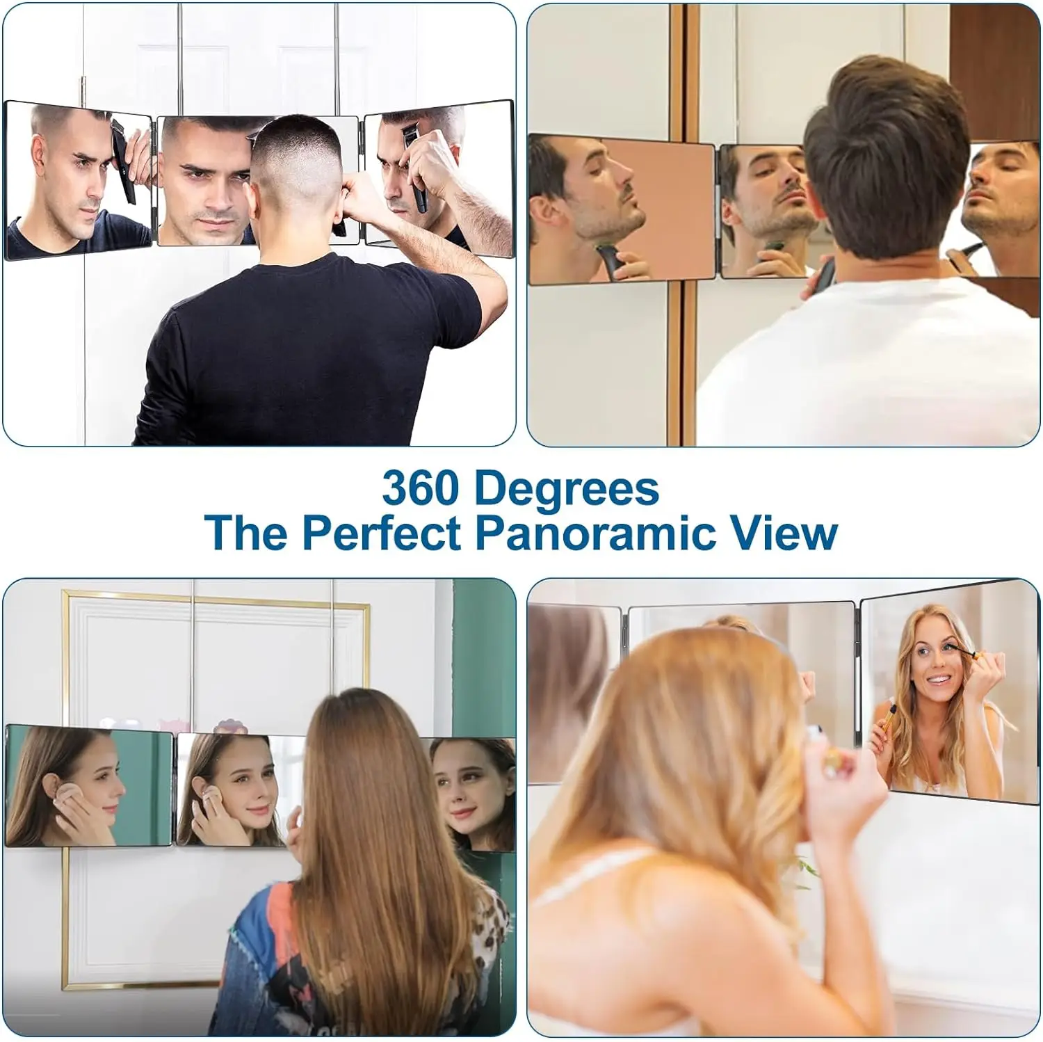 Black Portable 360 Trifold Mirror with Height Adjustable Telescoping Hooks Ideal for Self Hair Cutting Makeup Essential