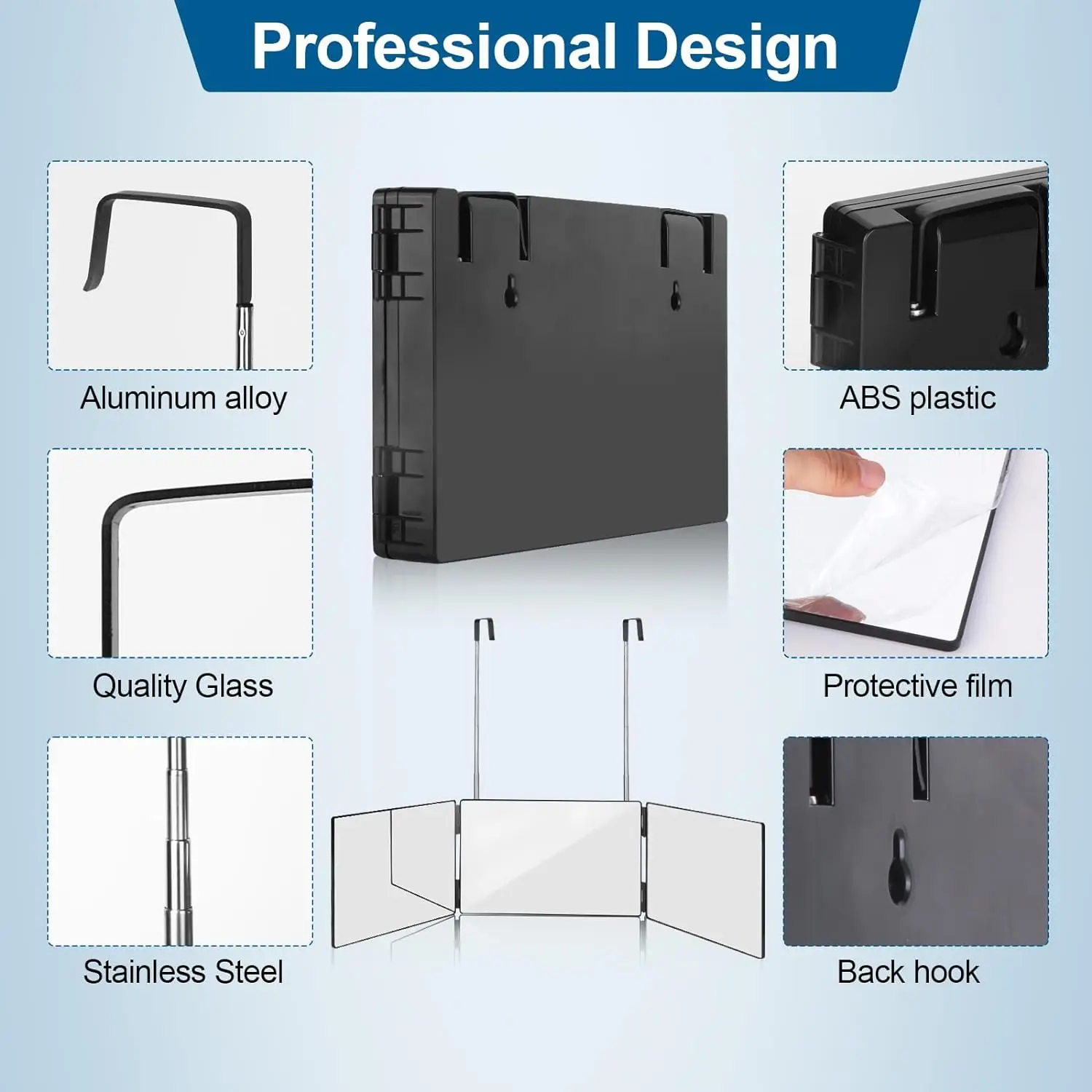 Black Portable 360 Trifold Mirror with Height Adjustable Telescoping Hooks Ideal for Self Hair Cutting Makeup Essential