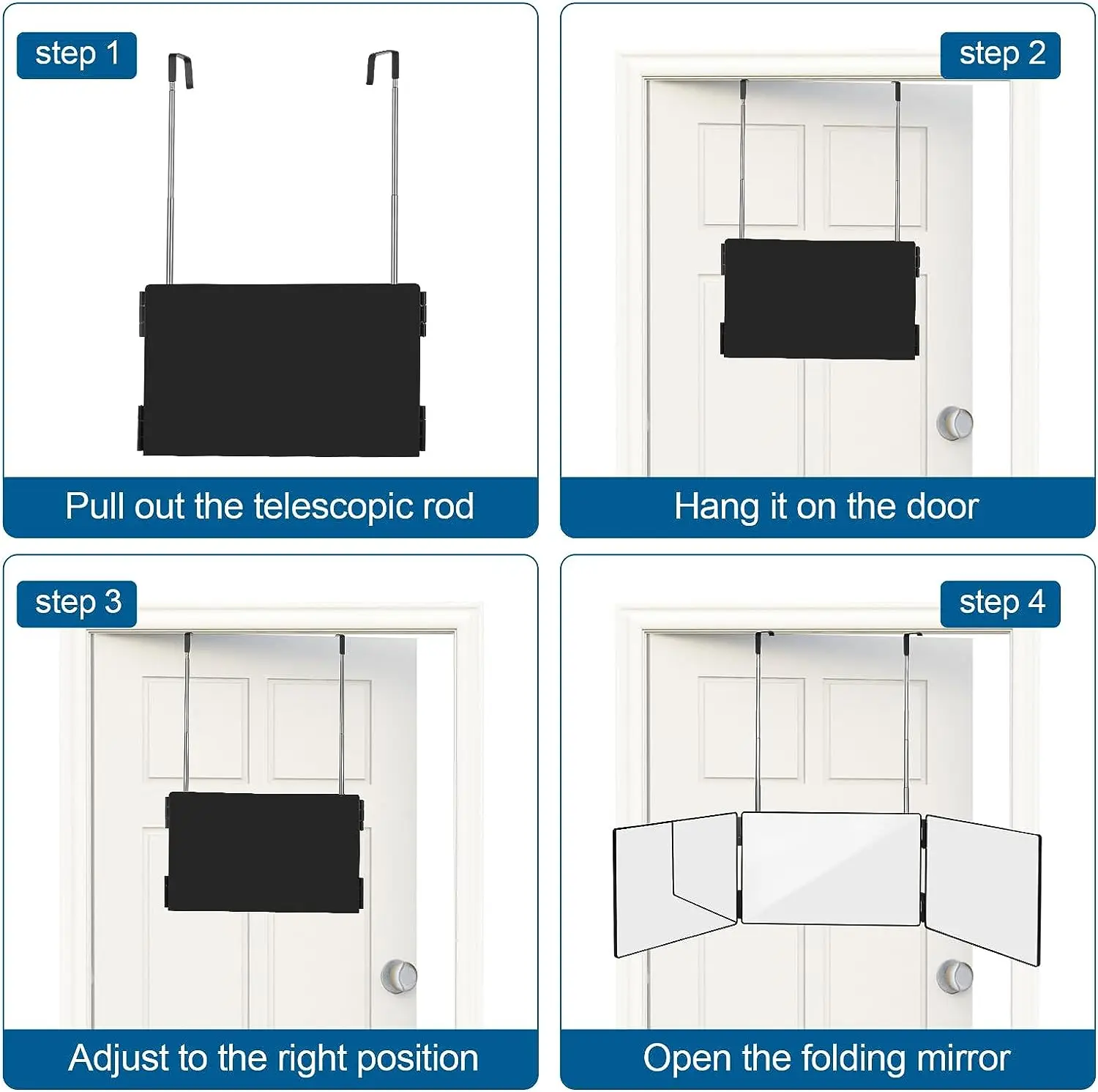 Black Portable 360 Trifold Mirror with Height Adjustable Telescoping Hooks Ideal for Self Hair Cutting Makeup Essential