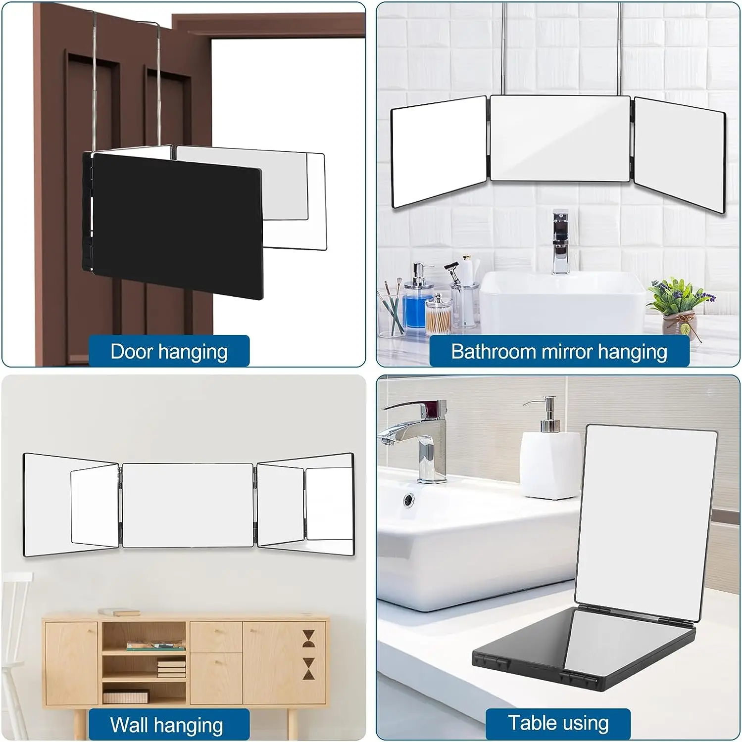 Black Portable 360 Trifold Mirror with Height Adjustable Telescoping Hooks Ideal for Self Hair Cutting Makeup Essential