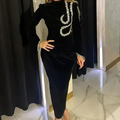 Black Slim and Slim Beaded Long Sleeve Bandage Dress Long Dress Maxi Dresses for Women