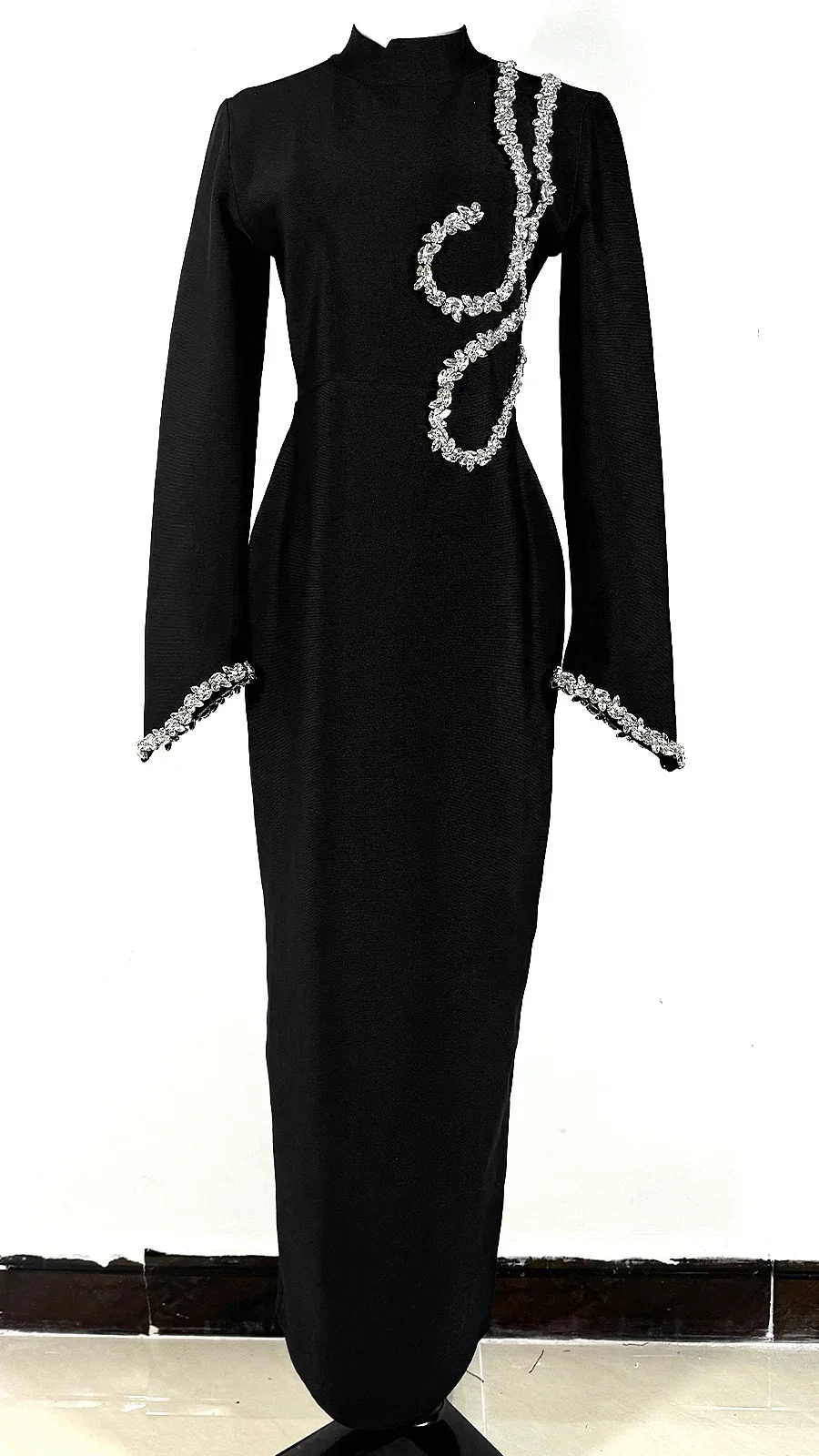 Black Slim and Slim Beaded Long Sleeve Bandage Dress Long Dress Maxi Dresses for Women