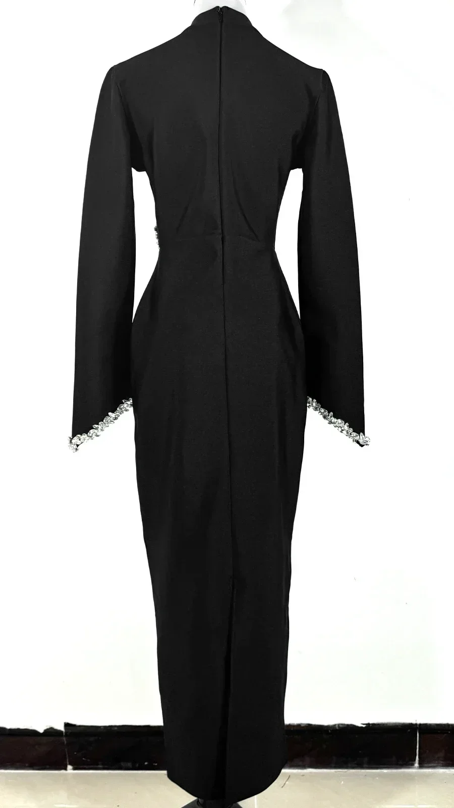 Black Slim and Slim Beaded Long Sleeve Bandage Dress Long Dress Maxi Dresses for Women