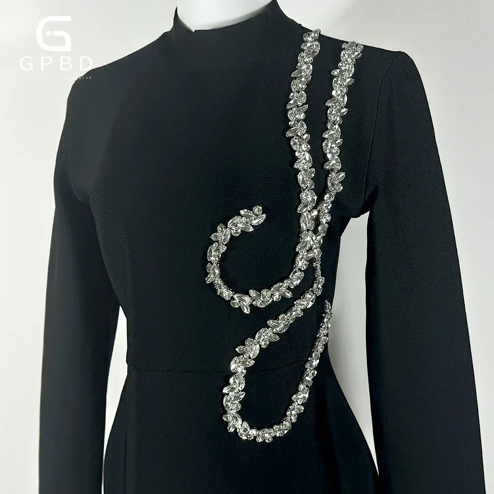 Black Slim and Slim Beaded Long Sleeve Bandage Dress Long Dress Maxi Dresses for Women