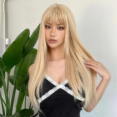Blonde Golden Long Straight Synthetic Wigs with Bangs Beige Lolita Hairs Wig for Women Daily Party Heat Resistant Fiber