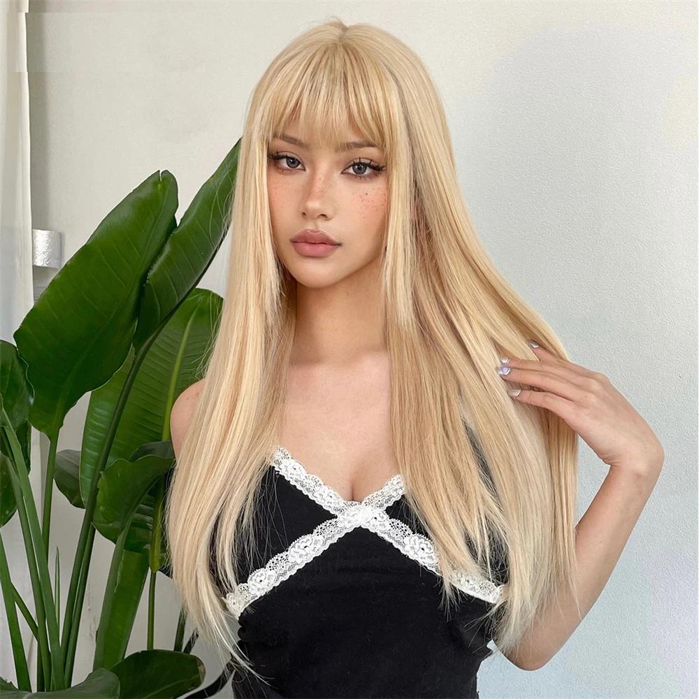Blonde Golden Long Straight Synthetic Wigs with Bangs Beige Lolita Hairs Wig for Women Daily Party Heat Resistant Fiber Blonde Golden Long Straight Synthetic Wigs with Bangs Beige Lolita Hairs Wig for Women Daily Party Heat Resistant Fiber