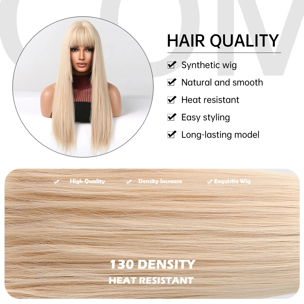 Blonde Golden Long Straight Synthetic Wigs with Bangs Beige Lolita Hairs Wig for Women Daily Party Heat Resistant Fiber