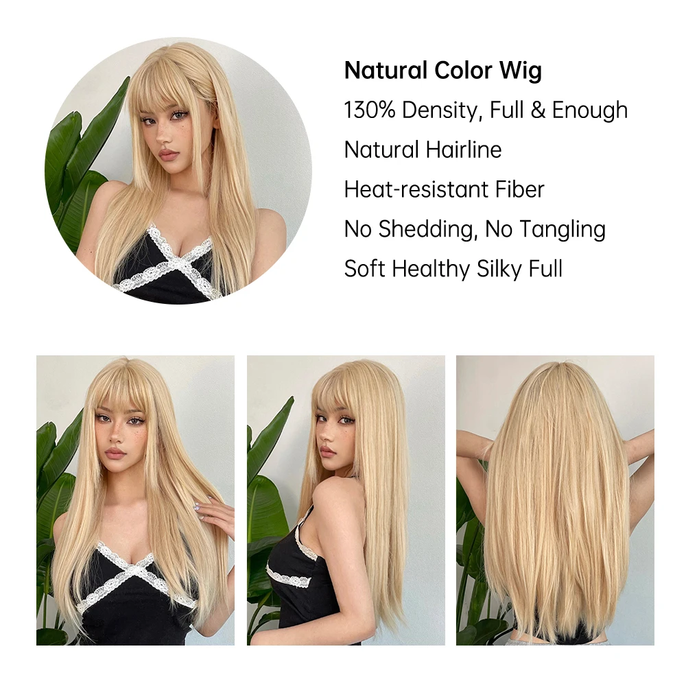 Blonde Golden Long Straight Synthetic Wigs with Bangs Beige Lolita Hairs Wig for Women Daily Party Heat Resistant Fiber