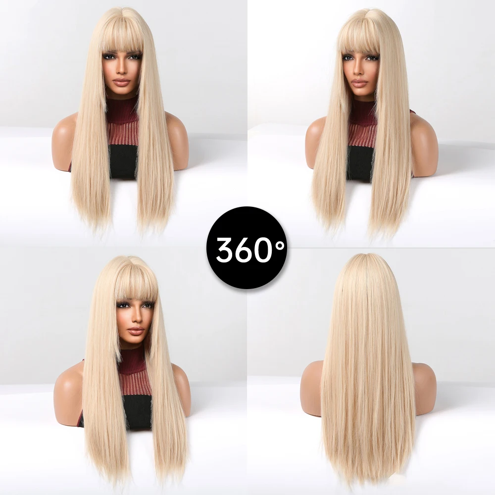 Blonde Golden Long Straight Synthetic Wigs with Bangs Beige Lolita Hairs Wig for Women Daily Party Heat Resistant Fiber