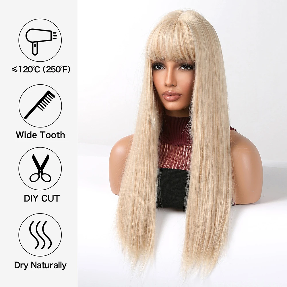 Blonde Golden Long Straight Synthetic Wigs with Bangs Beige Lolita Hairs Wig for Women Daily Party Heat Resistant Fiber