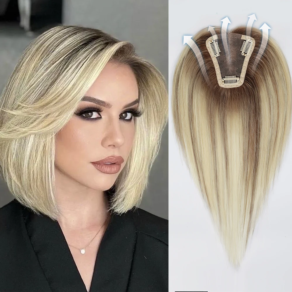 Blonde Human Hair Toppers Purple Root Remy Human Toppers Lace Base Hair Extensions Clips in Hair for Women Hairpieces