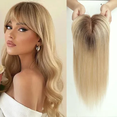 Blonde Human Hair Toppers with Bangs Dark Root Straight Remy Human Hair Silk Base Topper Clip in Hair Extensions for