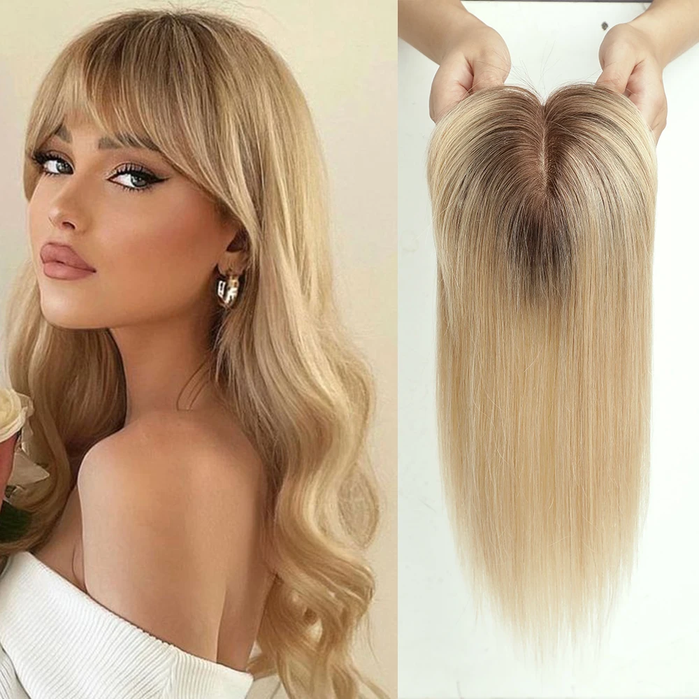 Blonde Human Hair Toppers with Bangs Dark Root Straight Remy Human Hair Silk Base Topper Clip in Hair Extensions for Blonde Human Hair Toppers with Bangs Dark Root Straight Remy Human Hair Silk Base Topper Clip in Hair Extensions for