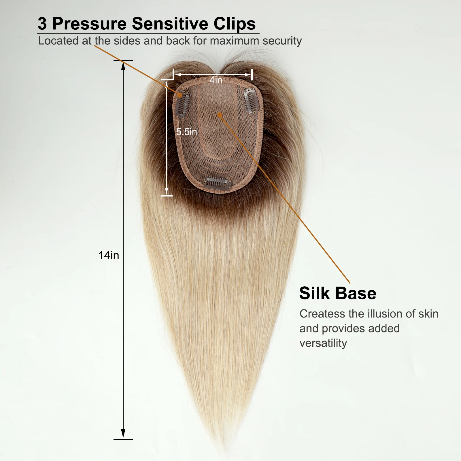 Blonde Human Hair Toppers with Bangs Dark Root Straight Remy Human Hair Silk Base Topper Clip in Hair Extensions for