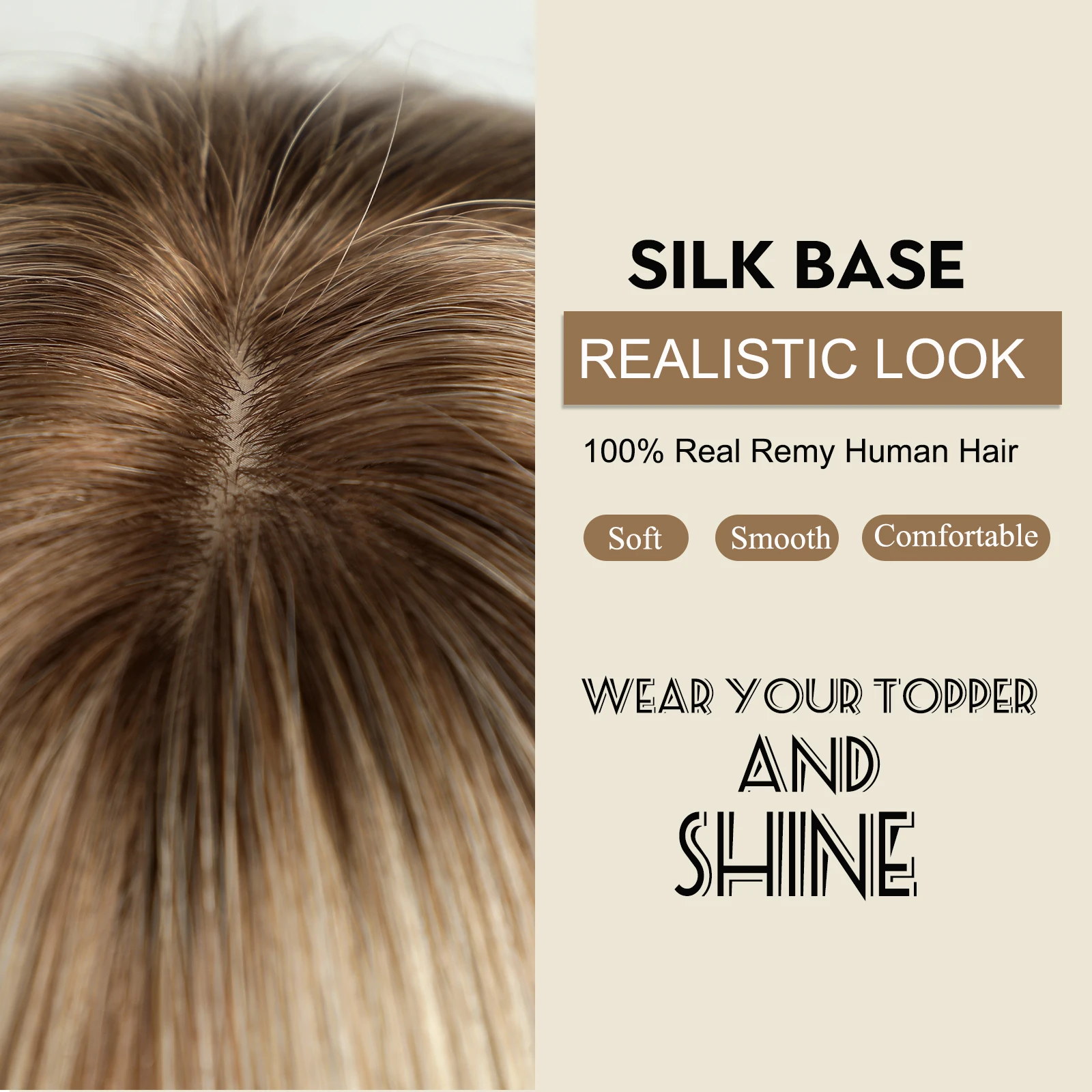 Blonde Human Hair Toppers with Bangs Dark Root Straight Remy Human Hair Silk Base Topper Clip in Hair Extensions for