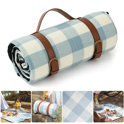 Blue Checkered Large Waterproof Picnic Blanket