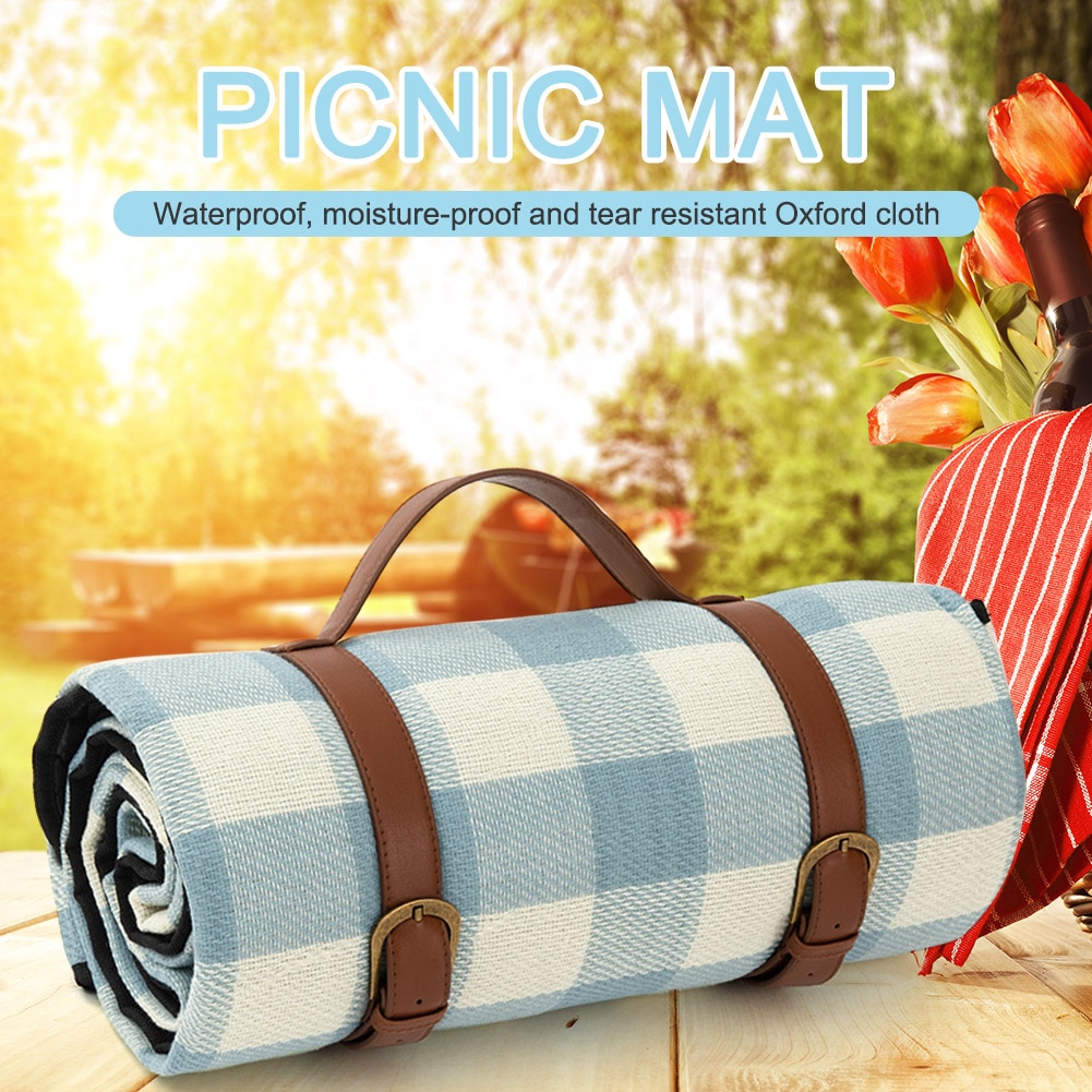 Blue Checkered Large Waterproof Picnic Blanket