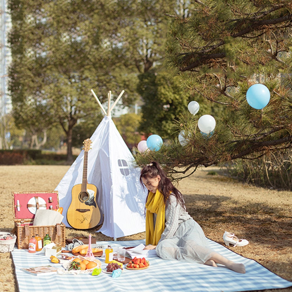 Blue Checkered Large Waterproof Picnic Blanket